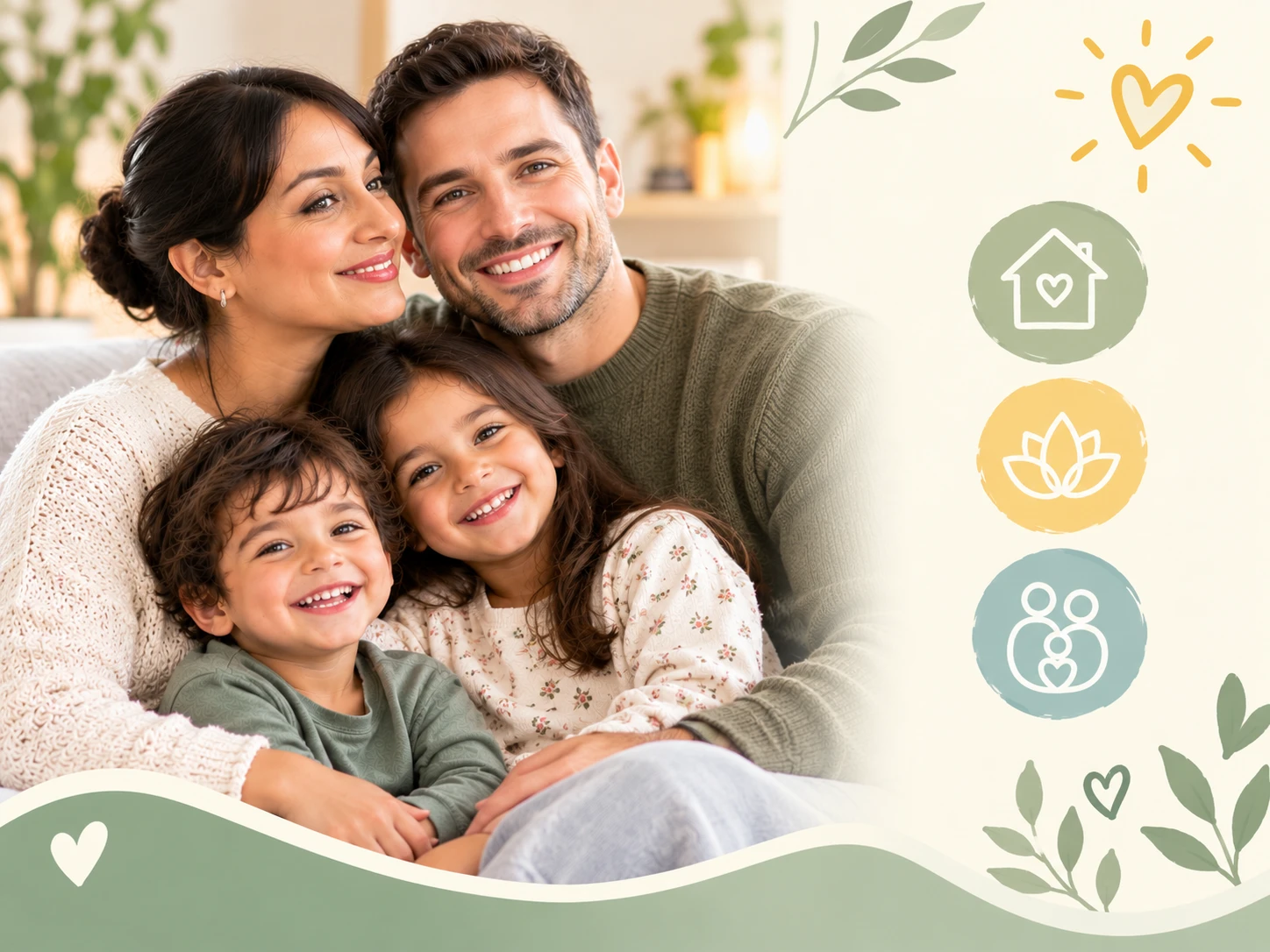 A smiling mother and father cuddling their two young children on a sofa, with family wellbeing icons beside them &mdash; the Calm Family Bundle