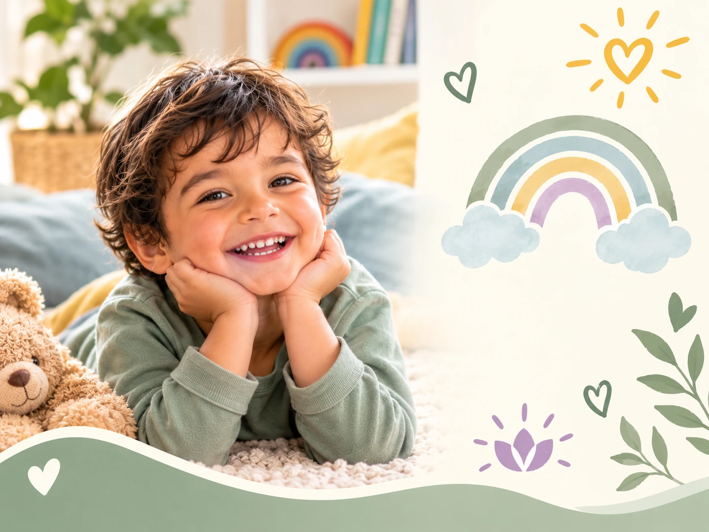 A smiling young boy resting his chin in his hands beside a teddy bear, with a rainbow and hearts &mdash; the Calm Kids Toolkit