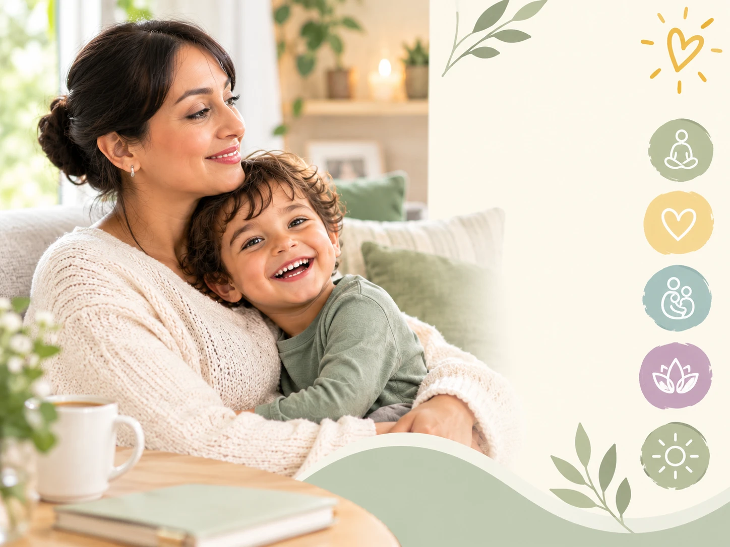 A smiling mother cuddling her laughing young son on a sofa, with wellbeing icons beside them &mdash; the Parent Wellbeing Toolkit