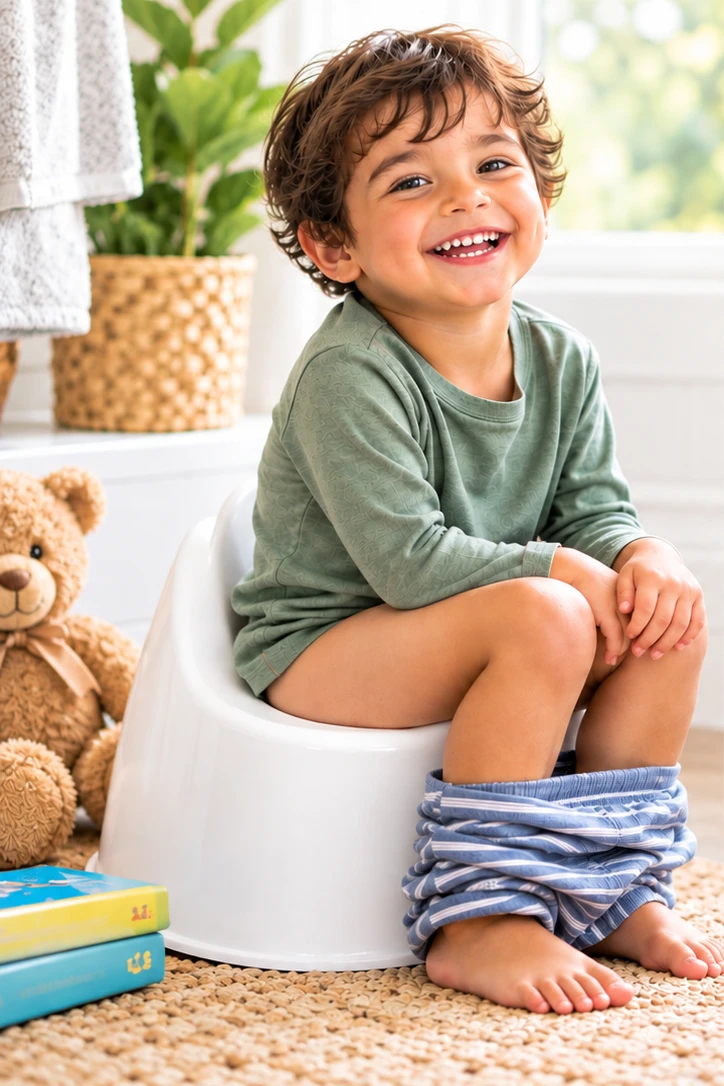 A smiling toddler sitting on a white potty with his pyjama bottoms round his ankles, a teddy bear and picture books beside him